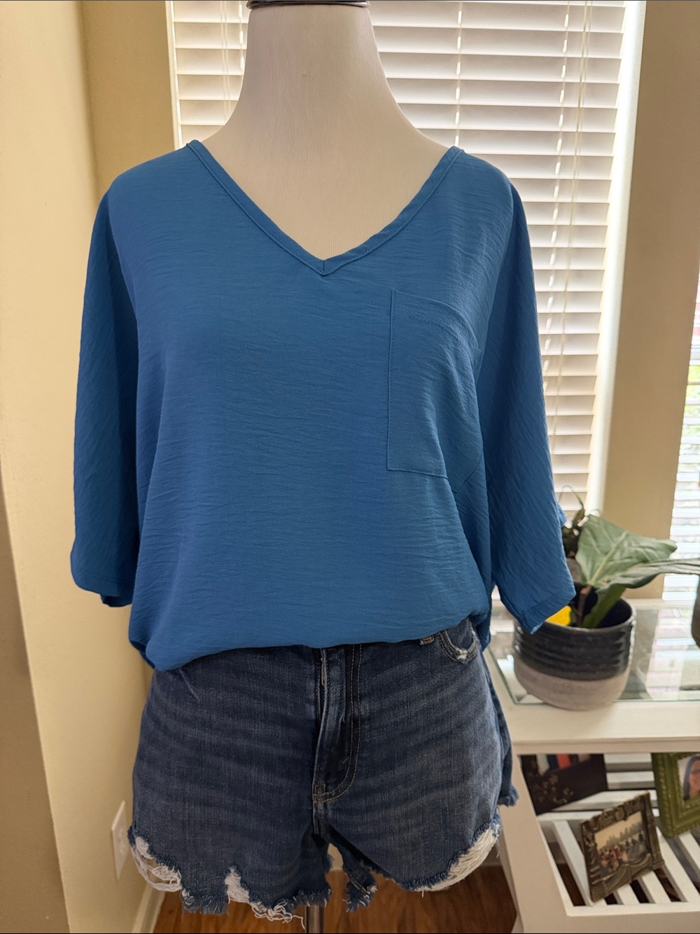 Blue V-Neck Pocket Blouse - Women Tops